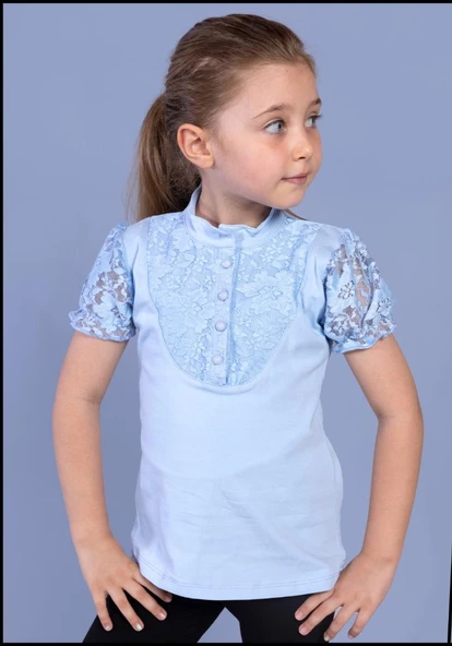 Toontoy Kız Çocuk Önü Dantelli Düğmeli Okul Tişört - 4