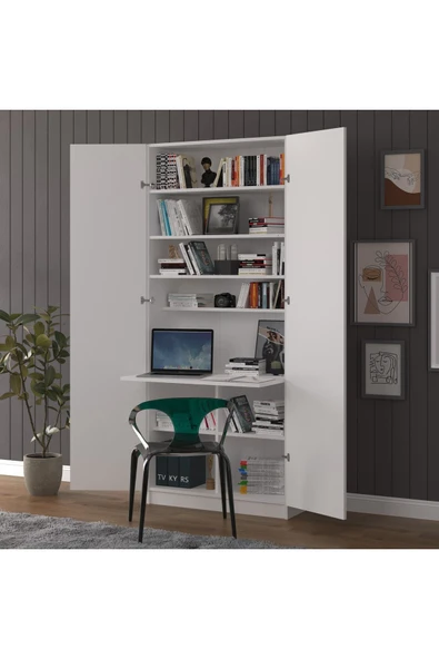 Sonamo Modern Dolaplı Çalışma Masası Kitaplıklı Raflı Bilgisayar Ofis Ders Çalışma Yemek Masası  Beyaz - Resim 3