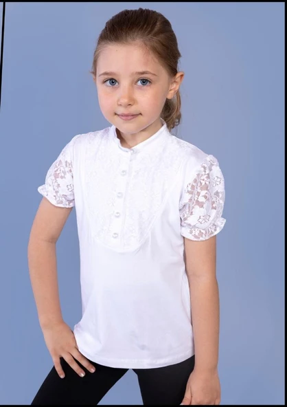 Toontoy Kız Çocuk Önü Dantelli Düğmeli Okul Tişört - 5