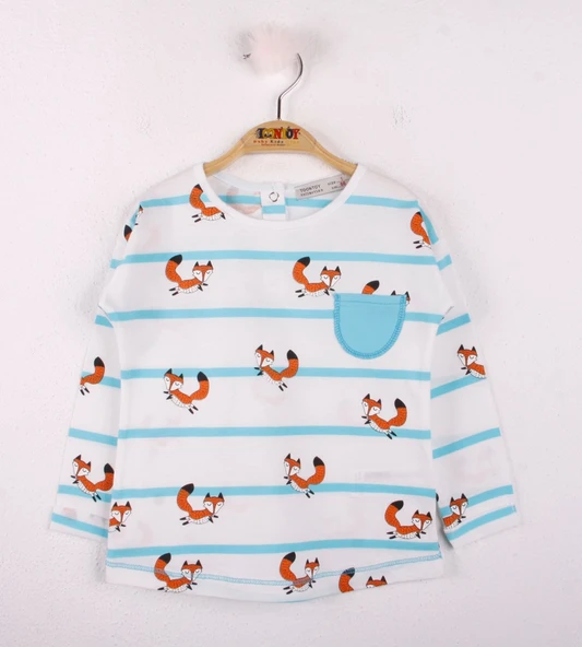 Toontoy Kız Bebek T-Shirt Çizgili Cepli Tilki Baskı - 4