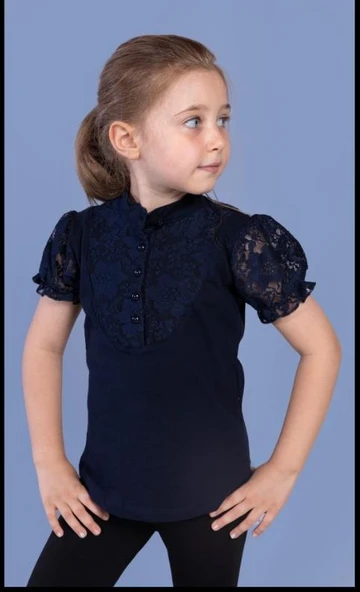 Toontoy Kız Çocuk Önü Dantelli Düğmeli Okul Tişört - 6