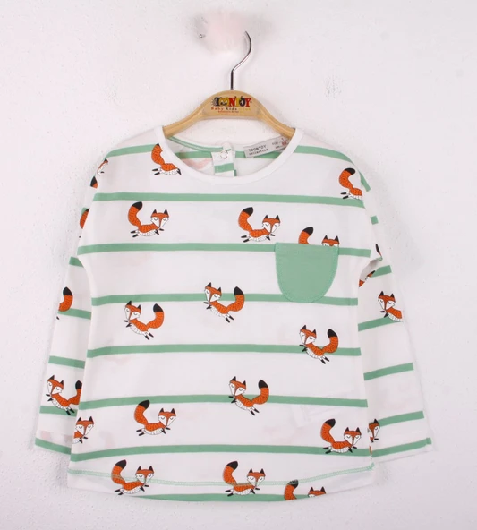 Toontoy Kız Bebek T-Shirt Çizgili Cepli Tilki Baskı - 5