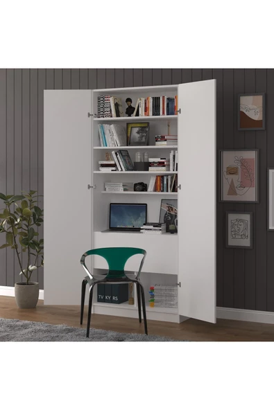 Sonamo Modern Dolaplı Çalışma Masası Kitaplıklı Raflı Bilgisayar Ofis Ders Çalışma Yemek Masası  Beyaz - Resim 4