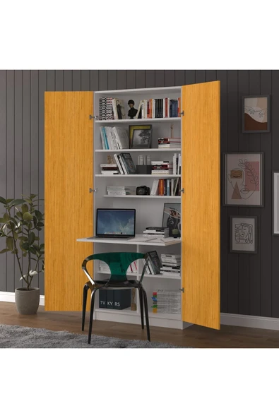 Sonamo Modern Dolaplı Çalışma Masası Kitaplıklı Raflı Bilgisayar Ofis Ders Çalışma Yemek Masası  Afrika Ceviz-Beyaz ürün görseli
