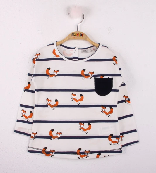Toontoy Kız Bebek T-Shirt Çizgili Cepli Tilki Baskı - 2
