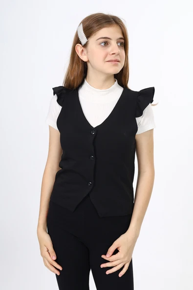 Toontoy Kız Çocuk Fırfır Detaylı Düğmeli V Yaka Blazer Okul Yeleği - Astarsız