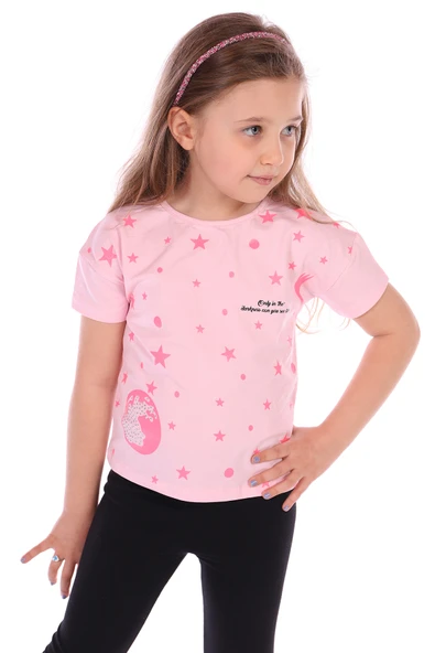 Toontoy Kız Bebek Önü Simli Yıldız Baskılı Tişört