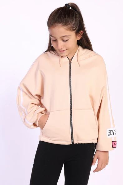 Toontoy Kız Çocuk Kol Üstü Şeritli Armalı Salaş Hırka - Resim 9