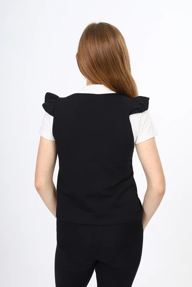 Toontoy Kız Çocuk Fırfır Detaylı Düğmeli V Yaka Blazer Okul Yeleği - Astarsız - 3