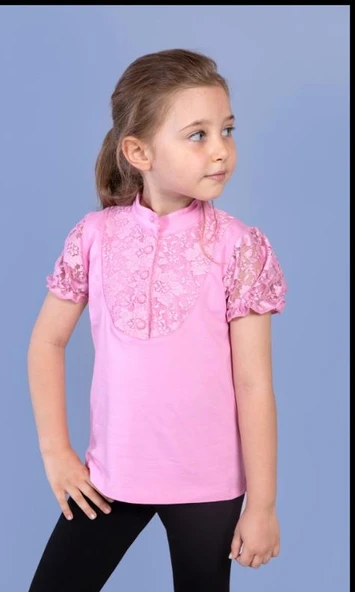 Toontoy Kız Çocuk Önü Dantelli Düğmeli Okul Tişört - 3