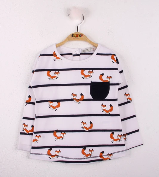 Toontoy Kız Bebek T-Shirt Çizgili Cepli Tilki Baskı