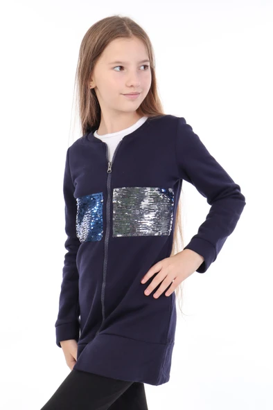 Toontoy Kız Çocuk Kolej Yaka Fermuarlı Pul Payet Nakış Baskılı Örme Hırka - 2 İplik Şardonlu - 2