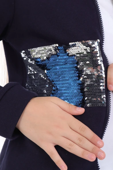 Toontoy Kız Çocuk Kolej Yaka Fermuarlı Pul Payet Nakış Baskılı Örme Hırka - 2 İplik Şardonlu - 4