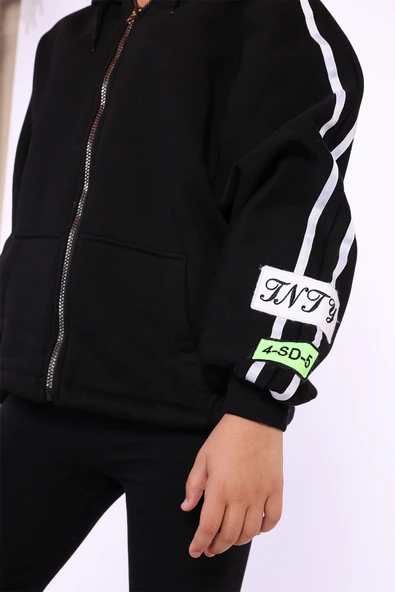 Toontoy Kız Çocuk Kol Üstü Şeritli Armalı Salaş Hırka - Resim 4