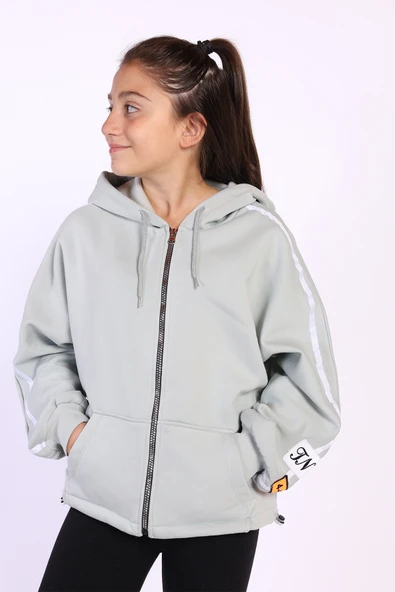 Toontoy Kız Çocuk Kol Üstü Şeritli Armalı Salaş Hırka - Resim 6