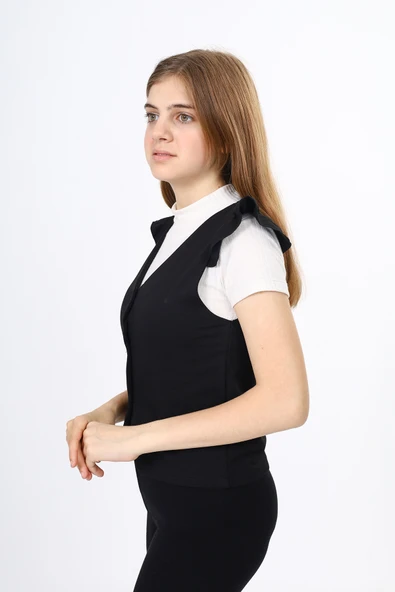 Toontoy Kız Çocuk Fırfır Detaylı Düğmeli V Yaka Blazer Okul Yeleği - Astarsız - 2