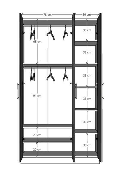 3 Kapaklı Gardrop 120cm  Antrasit 218 cm - Resim 8