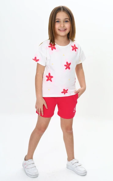 Toontoy Kız Çocuk Garni Çiçek Baskılı Şortlu Takım - 6