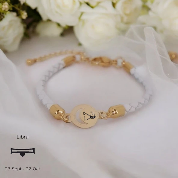 Burca Özel Ay Motifli Doğal Beyaz Derili 14 Ayar Altın Plakalı Hediye Bileklik-477 ürün görseli