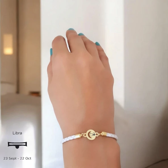 Burca Özel Ay Motifli Doğal Beyaz Derili 14 Ayar Altın Plakalı Hediye Bileklik-477 - Resim 2