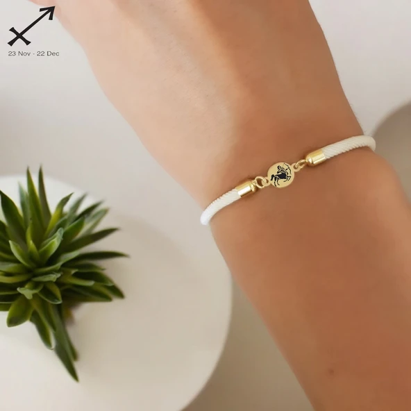 Burca Özel Yuvarlak Figürlü Beyaz Örgü İpli 14 Ayar Altın Plakalı Hediye Bileklik-476 - Resim 2
