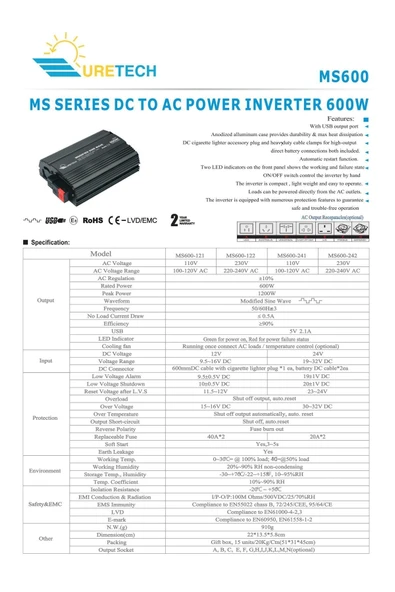 URETECH 600 W Watt 12 V Volt Modifiye Sinüs Inverter 12vdc-220vac - Resim 3