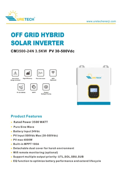 URETECH 3kva 3kw 3200va 3000 W Tam Sinüs Mppt 80a Akıllı Inverter 24vdc-220vac Invertör - Resim 3