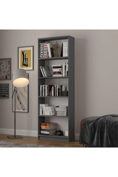 5 Raflı (5 BÖLMELİ) Kitaplık Çalışma Odası Ofis Modern Dekoratif Kitaplık  Antrasit Gri - Resim 2