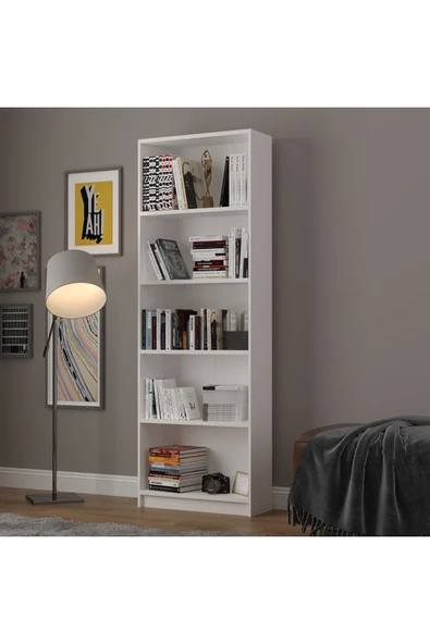 5 Raflı (5 BÖLMELİ) Kitaplık Çalışma Odası Ofis Modern Dekoratif Kitaplık  Beyaz - Resim 2