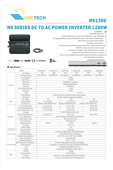 URETECH 1200 W Watt 12 V Volt Modifiye Sinüs İnverter 12Vdc-220Vac - Resim 3
