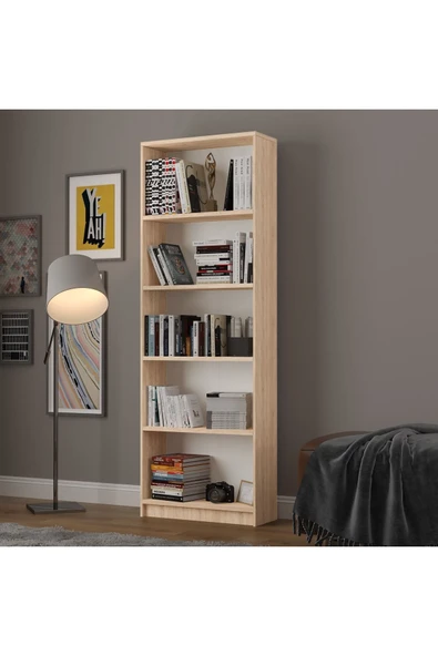 5 Raflı (5 BÖLMELİ) Kitaplık Çalışma Odası Ofis Modern Dekoratif Kitaplık  Safir Meşe - Resim 2