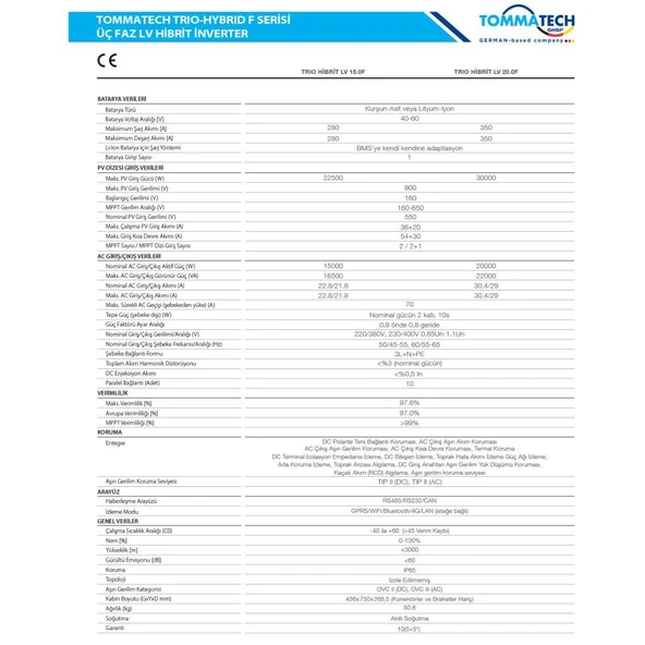 TommaTech F Serisi 15.0kW Üç Faz LV Hibrit İnverter - Resim 2