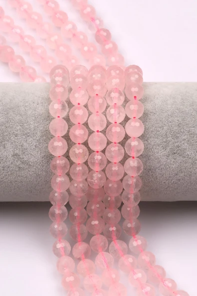 Pembe Kuvars (A Kalite) Doğal Taş Dizi 8 mm Fasetli Küre Kesim ürün görseli