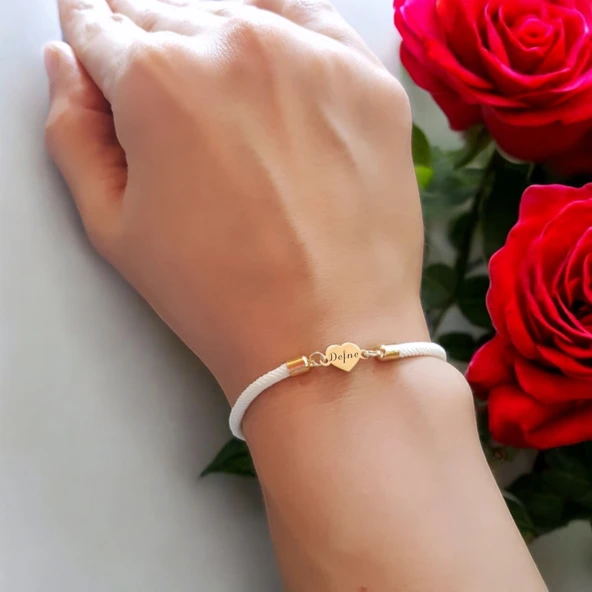 İsme Özel Kalp Figürlü Beyaz İpek Örgülü 14 Ayar Altın Plakalı Hediye Bileklik-478 - Resim 2