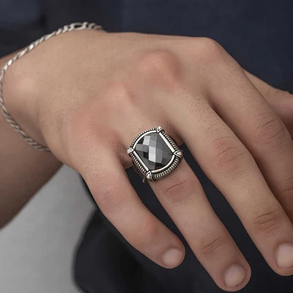 Gümüş Siyah Zirkon Taşlı Erkek Yüzük - Resim 2