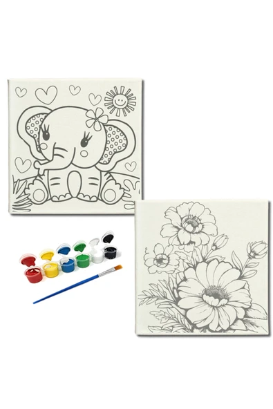 dudugift OKUL Etkinliği-2'li Tuval Boyama Seti. 20x20 Cm Uv Baskı 6 Akrilik Boya 1 Fırça-model-267