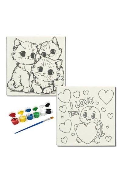 dudugift OKUL Etkinliği-2'li Tuval Boyama Seti. 20x20 Cm Uv Baskı 6 Akrilik Boya 1 Fırça-model-387