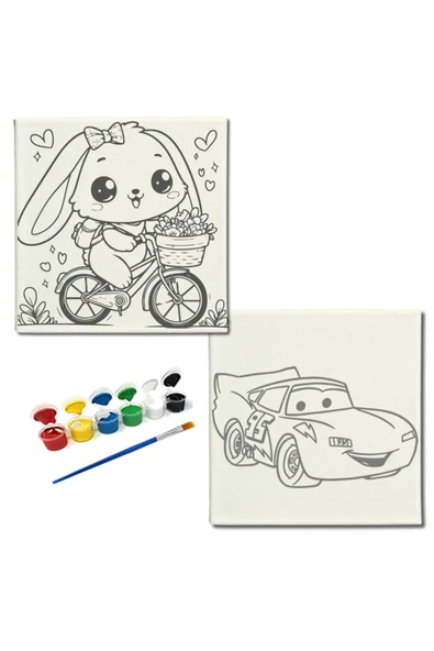 dudugift OKUL Etkinliği-2'li Tuval Boyama Seti. 20x20 Cm Uv Baskı 6 Akrilik Boya 1 Fırça-model-379