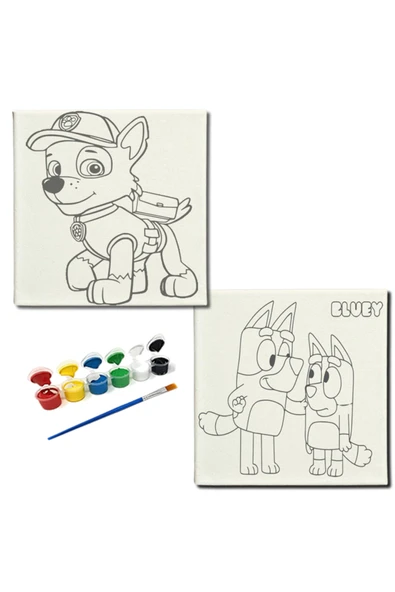 dudugift OKUL Etkinliği-2'li Tuval Boyama Seti. 20x20 Cm Uv Baskı 6 Akrilik Boya 1 Fırça-model-310