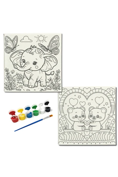 dudugift OKUL -2'li Tuval Boyama Seti. 20x20 Cm Uv Baskı 6 Akrilik Boya 1 Fırça-model-203