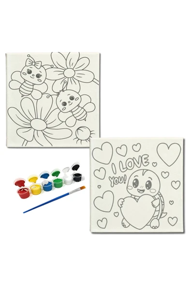 dudugift OKUL Etkinliği -2'li Tuval Boyama Seti. 20x20 Cm Uv Baskı 6 Akrilik Boya 1 Fırça-model-391