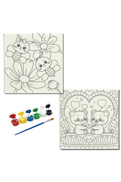 dudugift OKUL Etkinliği-2'li Tuval Boyama Seti. 20x20 Cm Uv Baskı 6 Akrilik Boya 1 Fırça-model-200 ürün görseli