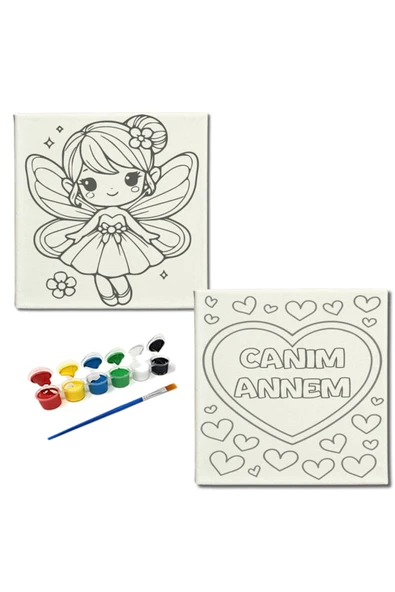 dudugift OKUL Etkinliği-2'li Tuval Boyama Seti. 20x20 Cm Uv Baskı 6 Akrilik Boya 1 Fırça-model-245