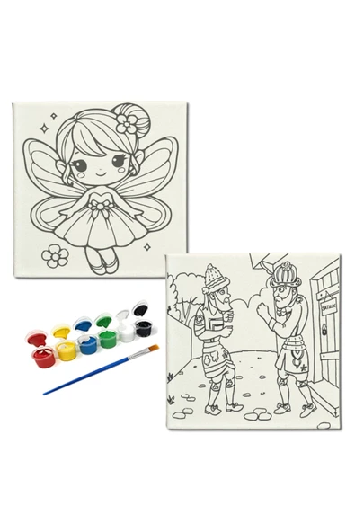 dudugift OKUL Etkinliği-2'li Tuval Boyama Seti. 20x20 Cm Uv Baskı 6 Akrilik Boya 1 Fırça-model-365