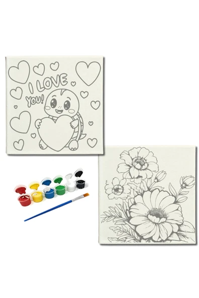 dudugift OKUL Etkinliği-2'li Tuval Boyama Seti. 20x20 Cm Uv Baskı 6 Akrilik Boya 1 Fırça-model-319 ürün görseli