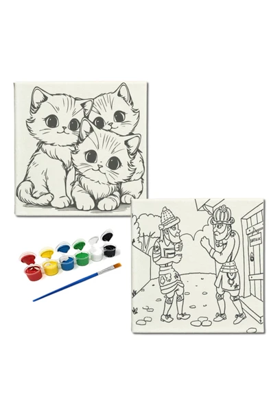 dudugift OKUL Etkinliği-2'li Tuval Boyama Seti. 20x20 Cm Uv Baskı 6 Akrilik Boya 1 Fırça-model-359