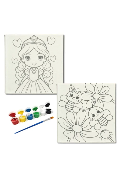 dudugift OKUL Etkinliği-2'li Tuval Boyama Seti. 20x20 Cm Uv Baskı 6 Akrilik Boya 1 Fırça-model-344