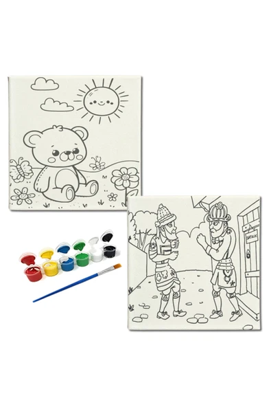 dudugift OKUL Etkinliği-2'li Tuval Boyama Seti. 20x20 Cm Uv Baskı 6 Akrilik Boya 1 Fırça-model-356