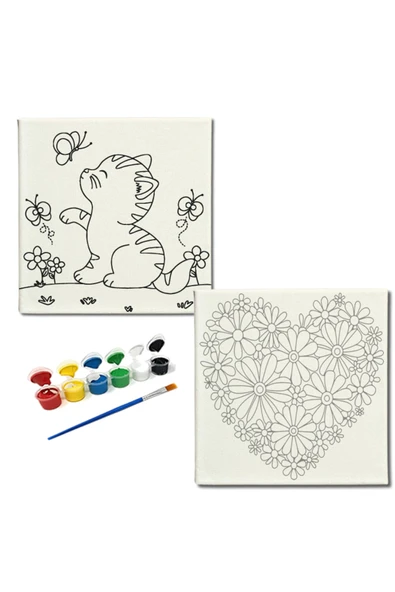 dudugift OKUL Etkinliği-2'li Tuval Boyama Seti. 20x20 Cm Uv Baskı 6 Akrilik Boya 1 Fırça-model-256