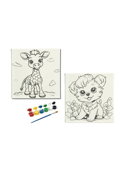 dudu ahşap OKUL - Aile Etkinliği-2'li Tuval Boyama Seti. 20x20 Cm Uv Baskı 6 Akrilik Boya 1 Fırça